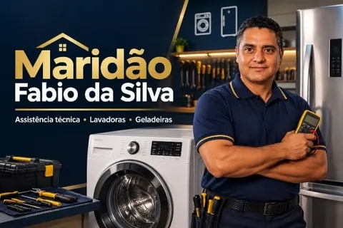 Maridão Fabio da Silva. Assistência técnica, lavadoras, geladeiras. Fabio de camisa azul-marinho, braços cruzados, com o multímetro na mão, ao lado de uma lavadora e de uma geladeira